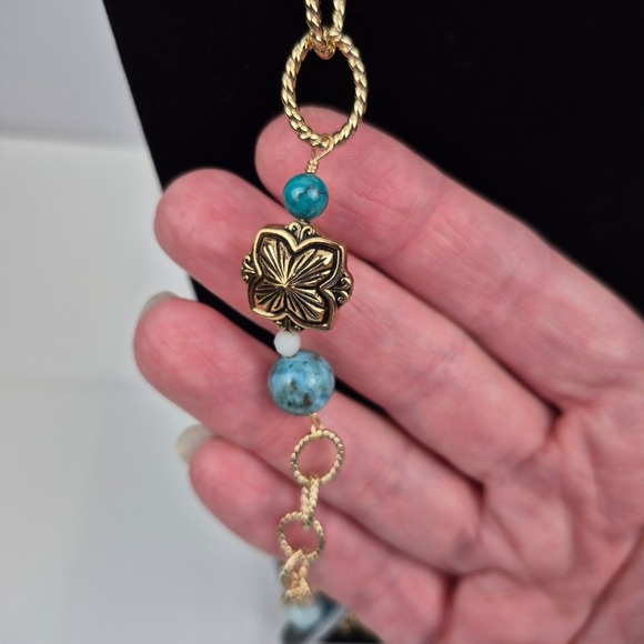 Barse Gold Tone Chain Necklace Faux Turquoise Blue Gemstone Beads 42" Hook - Picture 2 of 13